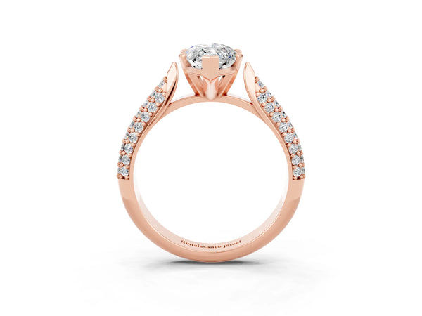 Rose gold Marquise Cut Moissanite Solitaire Engagement Ring with Multi-Row Round Pavé Band and Prong Setting