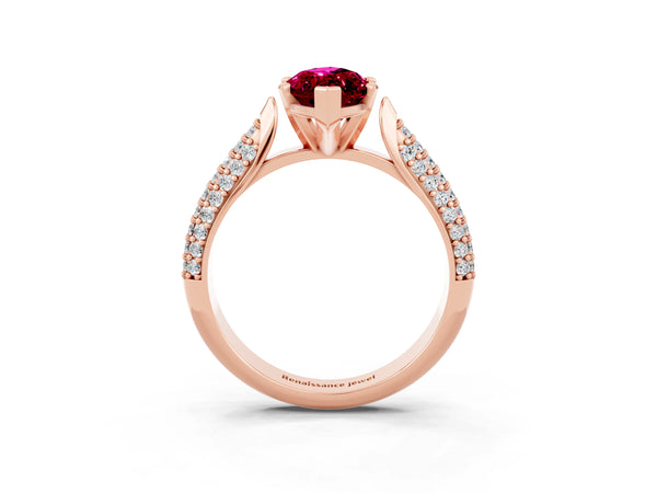 Rose gold Marquise Cut Garnet Solitaire Engagement Ring with Multi-Row Round Pavé Band and Prong Setting