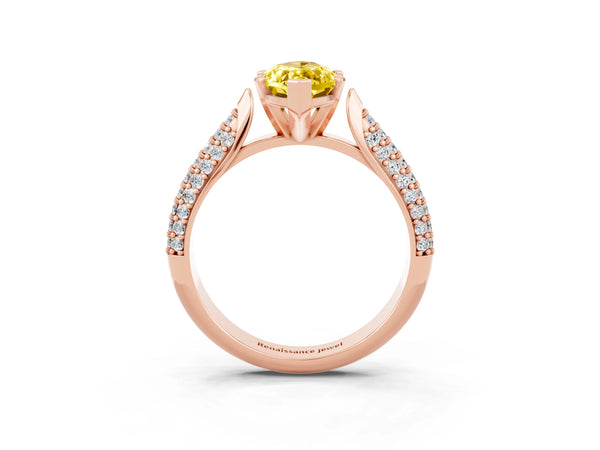 Rose gold Marquise Cut Yellow Sapphire Solitaire Engagement Ring with Multi-Row Round Pavé Band and Prong Setting