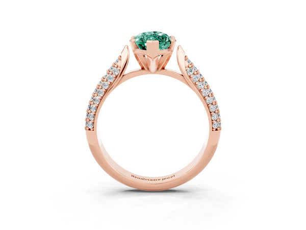 Rose gold Marquise Cut Green Sapphire Solitaire Engagement Ring with Multi-Row Round Pavé Band and Prong Setting