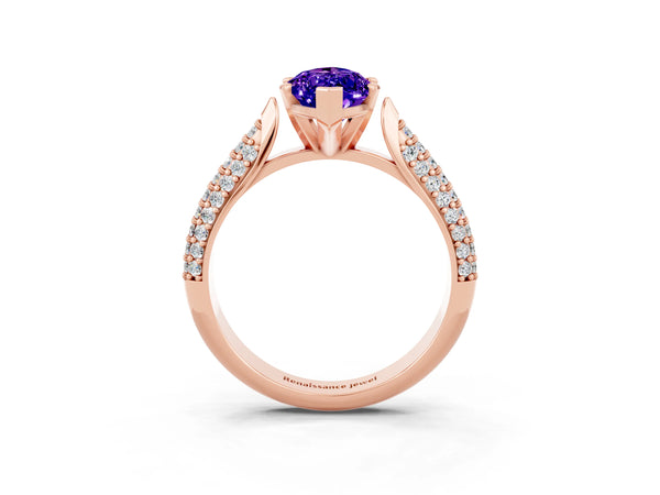 Rose gold Marquise Cut Tanzanite Solitaire Engagement Ring with Multi-Row Round Pavé Band and Prong Setting