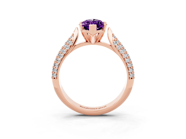 Rose gold Marquise Cut Amethyst Solitaire Engagement Ring with Multi-Row Round Pavé Band and Prong Setting