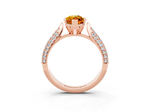 Rose gold Marquise Cut Citrine Solitaire Engagement Ring with Multi-Row Round Pavé Band and Prong Setting