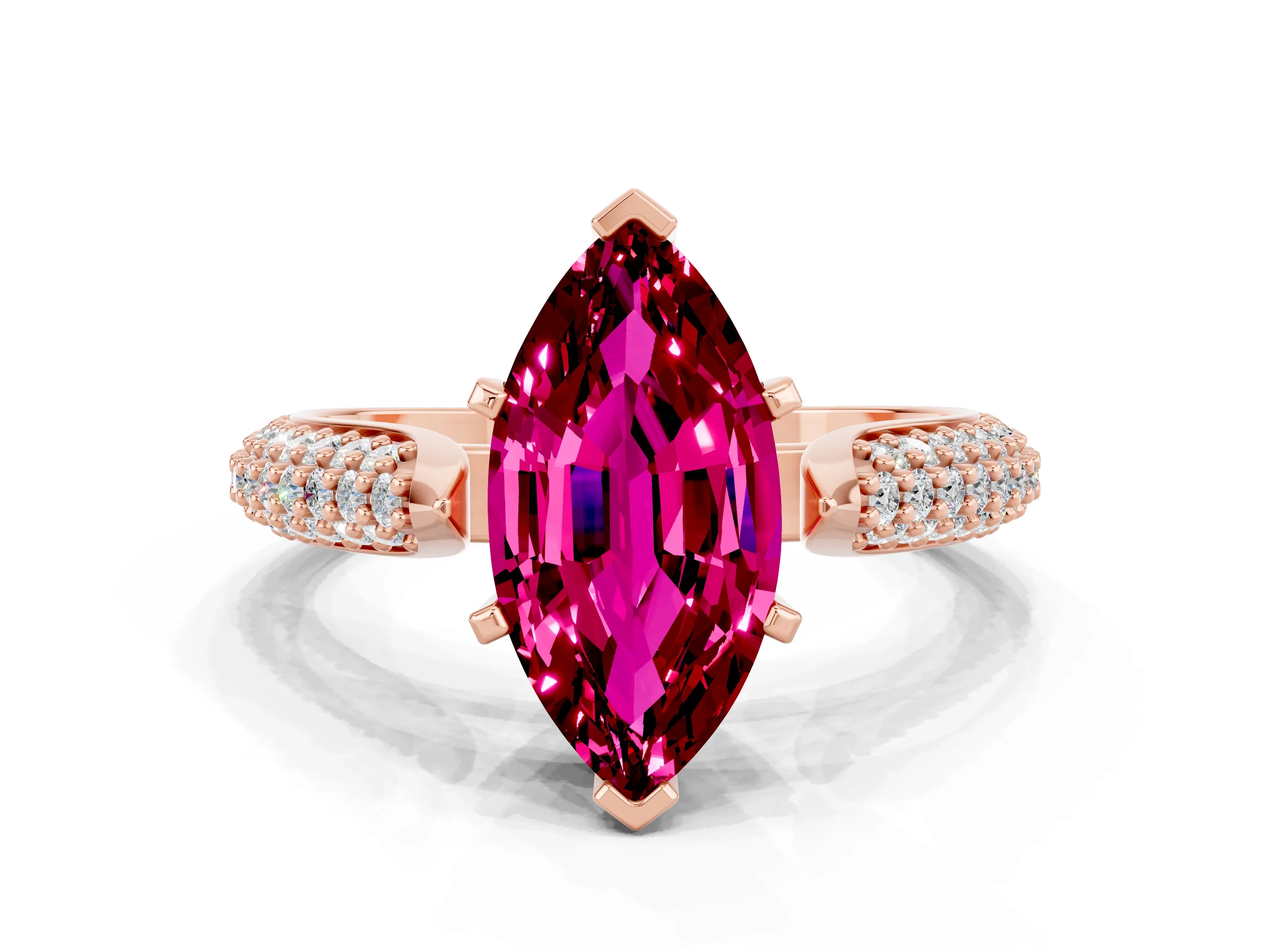Rose gold Marquise Cut Diamond Solitaire Engagement Ring with Pavé Band and Four-Prong Setting