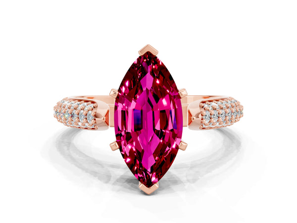 Rose gold Marquise Cut Garnet Solitaire Engagement Ring with Multi-Row Round Pavé Band and Prong Setting