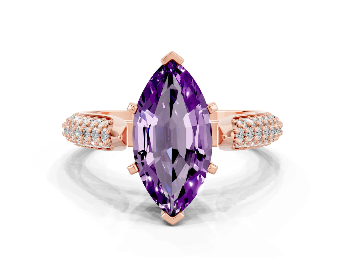 Rose gold Marquise Cut Diamond Solitaire Engagement Ring with Pavé Band and Four-Prong Setting