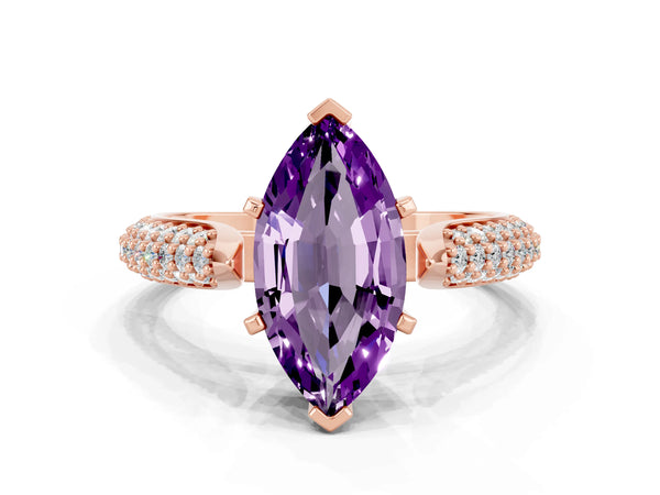 Rose gold Marquise Cut Amethyst Solitaire Engagement Ring with Multi-Row Round Pavé Band and Prong Setting