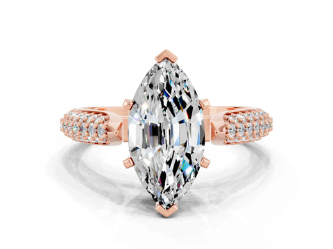 Rose gold Marquise Cut Diamond Solitaire Engagement Ring with Pavé Band and Four-Prong Setting