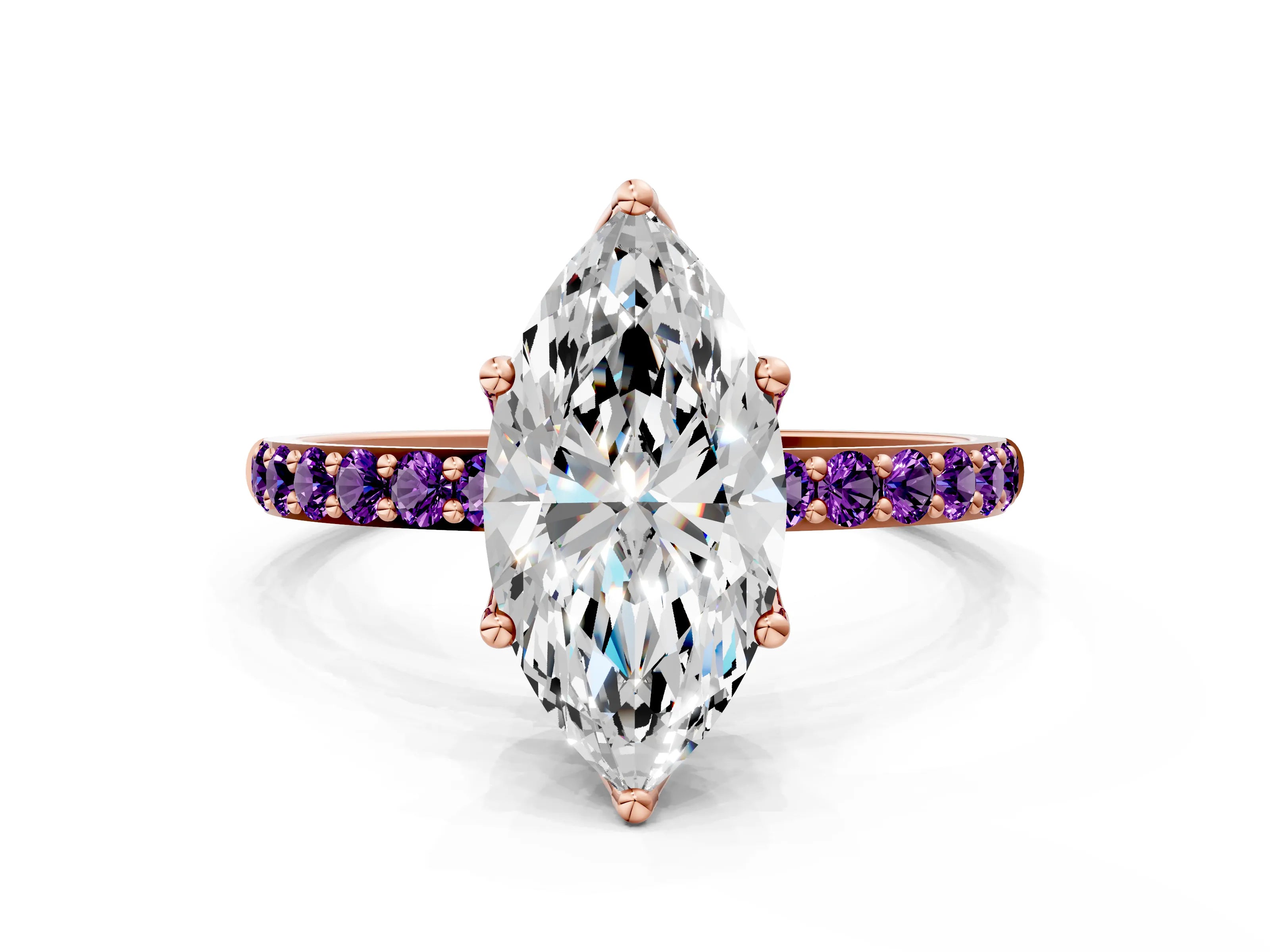 Rose gold Marquise Cut Diamond Solitaire Engagement Ring with Round with Amethyst side stone Pavé Band and Prong Setting