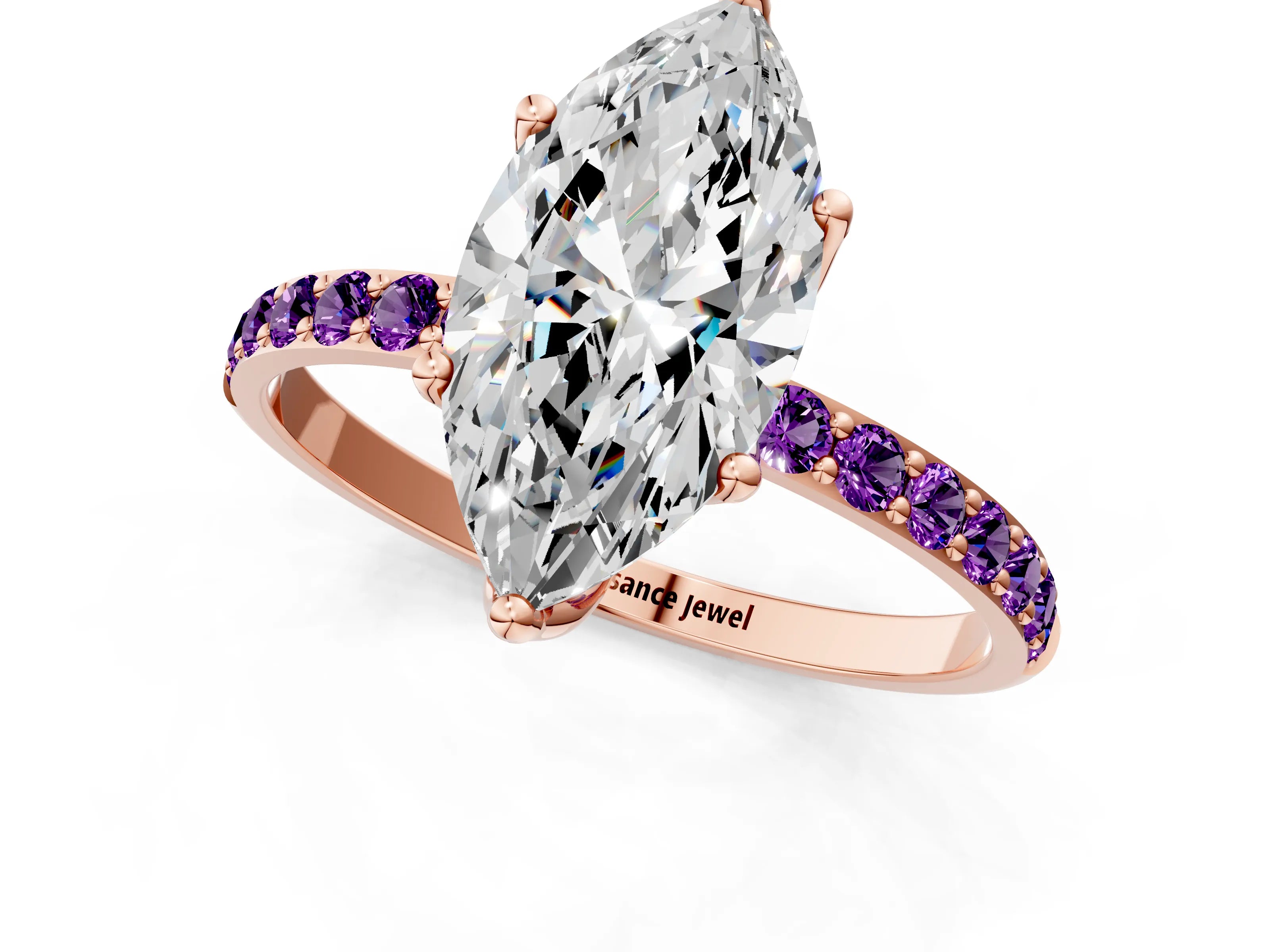 Rose gold Marquise Cut Diamond Solitaire Engagement Ring with Round with Amethyst side stone Pavé Band and Prong Setting_1