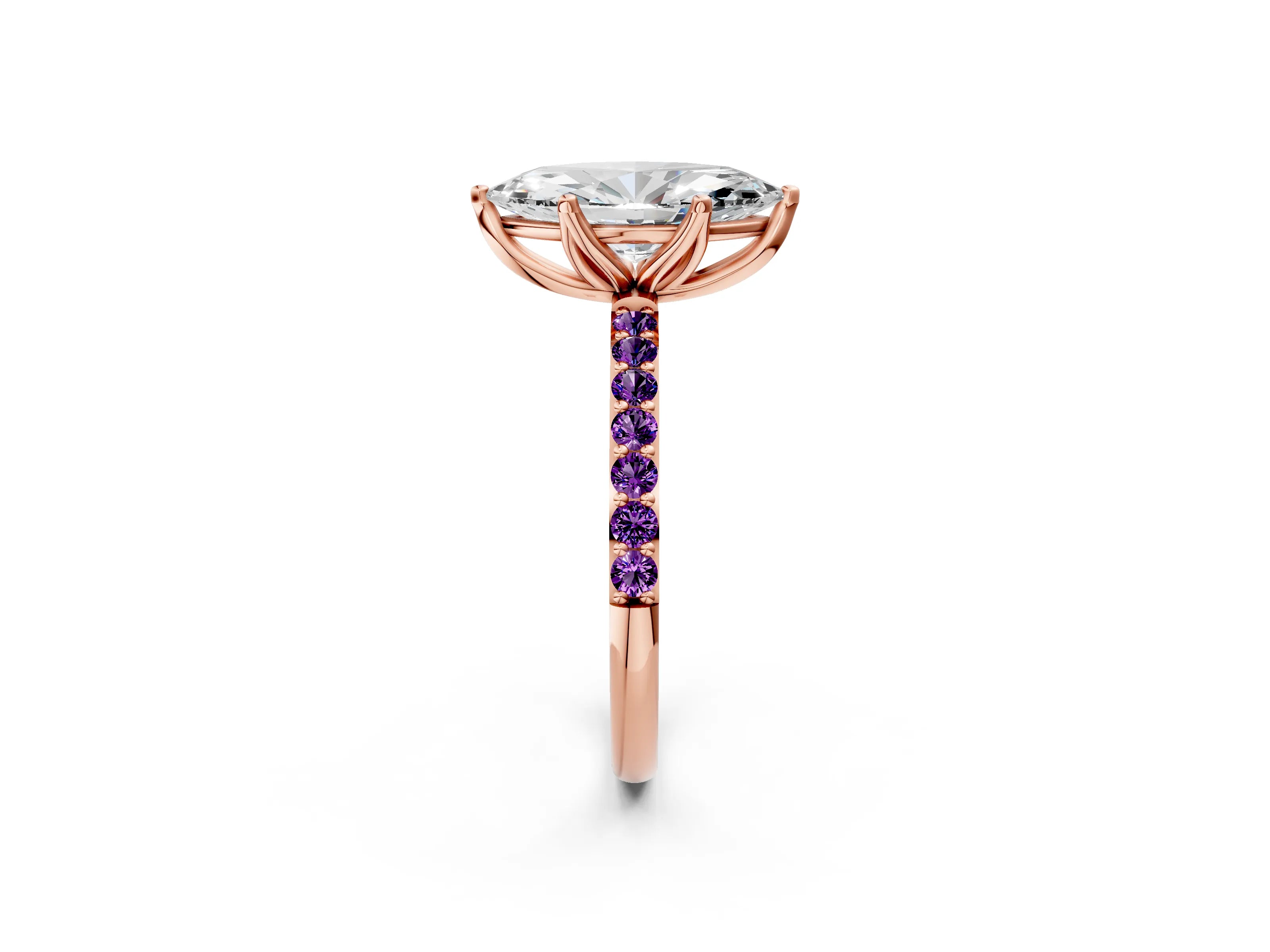 Rose gold Marquise Cut Diamond Solitaire Engagement Ring with Round with Amethyst side stone Pavé Band and Prong Setting_2