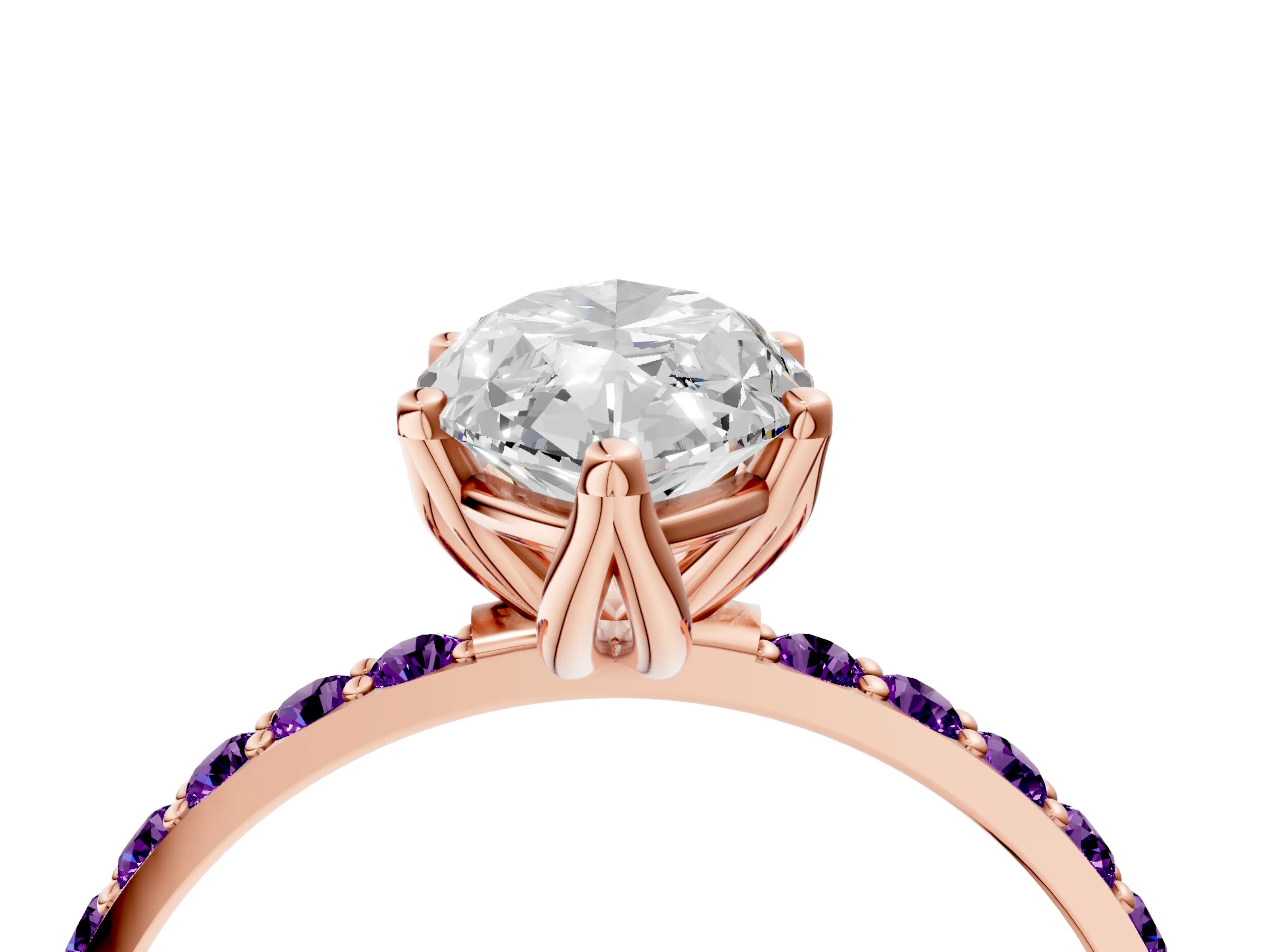 Rose gold Marquise Cut Diamond Solitaire Engagement Ring with Round with Amethyst side stone Pavé Band and Prong Setting_4