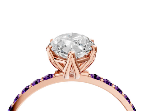 Rose gold Marquise Cut Diamond Solitaire Engagement Ring with Round with Amethyst side stone Pavé Band and Prong Setting_4