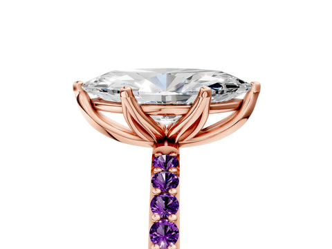 Rose gold Marquise Cut Diamond Solitaire Engagement Ring with Round with Amethyst side stone Pavé Band and Prong Setting_5