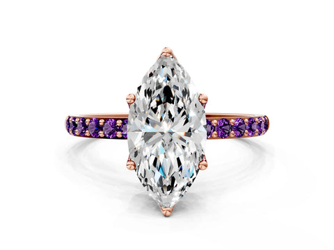 Rose gold Marquise Cut Diamond Solitaire Engagement Ring with Round with Amethyst side stone Pavé Band and Prong Setting