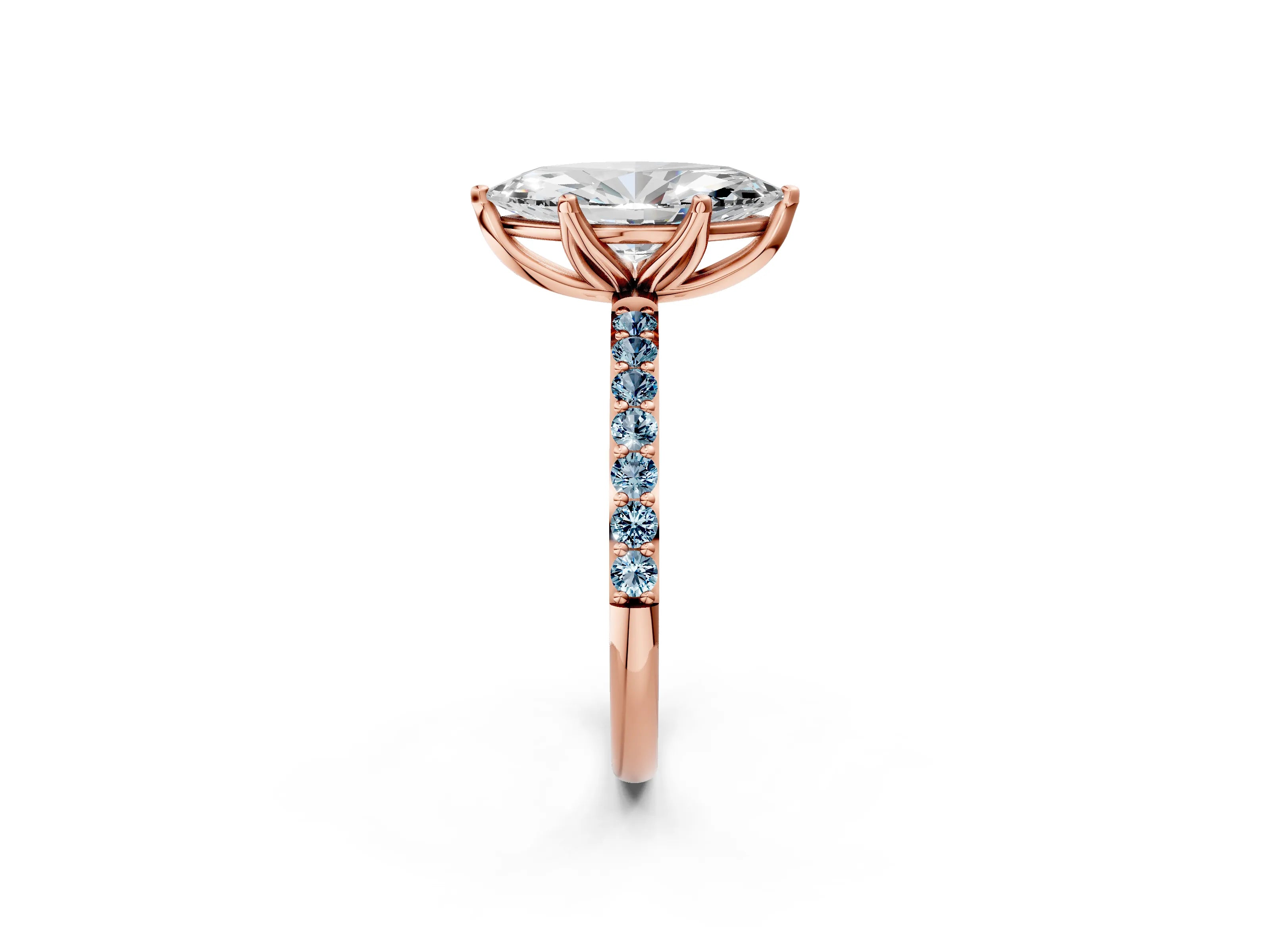 Rose gold Marquise Cut Diamond Solitaire Engagement Ring with Round with Aquamarine side stone Pavé Band and Prong Setting_2