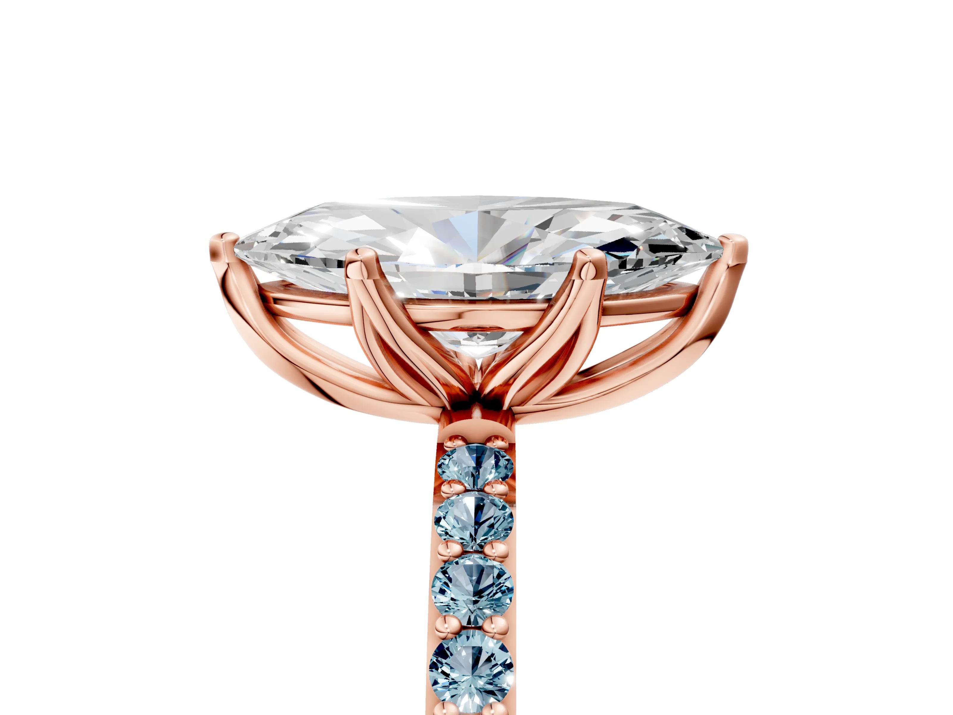 Rose gold Marquise Cut Diamond Solitaire Engagement Ring with Round with Aquamarine side stone Pavé Band and Prong Setting_5