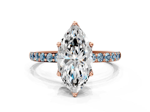 Rose gold Marquise Cut Diamond Solitaire Engagement Ring with Round with Aquamarine side stone Pavé Band and Prong Setting