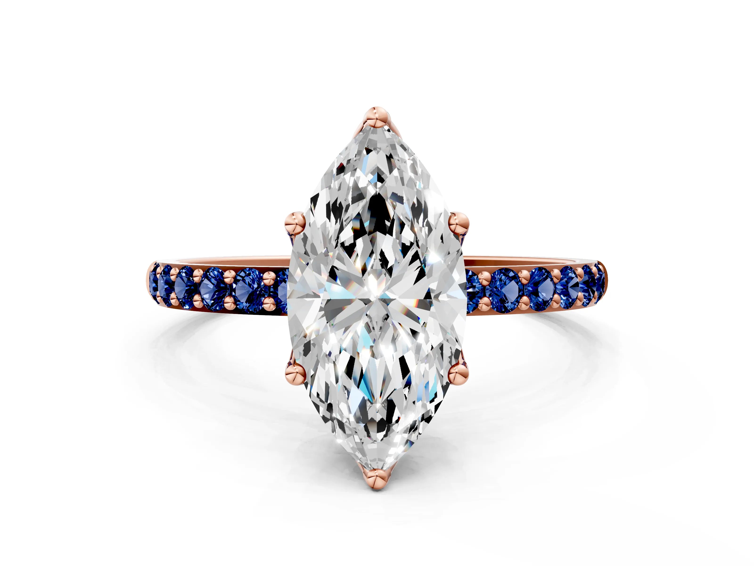 Rose gold Marquise Cut Diamond Solitaire Engagement Ring with Round with Blue Sapphire side stone Pavé Band and Prong Setting