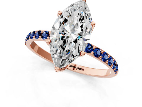 Rose gold Marquise Cut Diamond Solitaire Engagement Ring with Round with Blue Sapphire side stone Pavé Band and Prong Setting_1