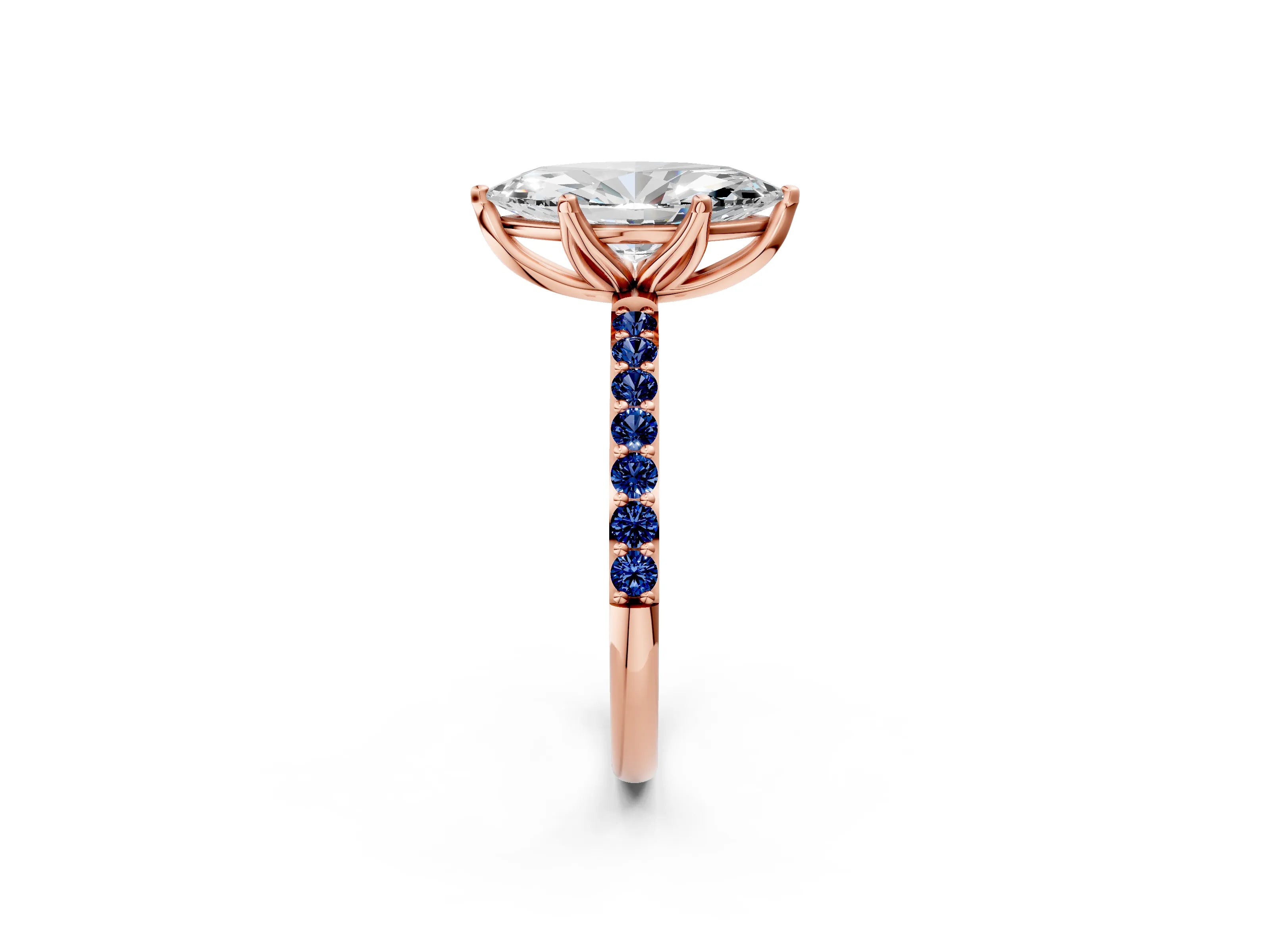 Rose gold Marquise Cut Diamond Solitaire Engagement Ring with Round with Blue Sapphire side stone Pavé Band and Prong Setting_2