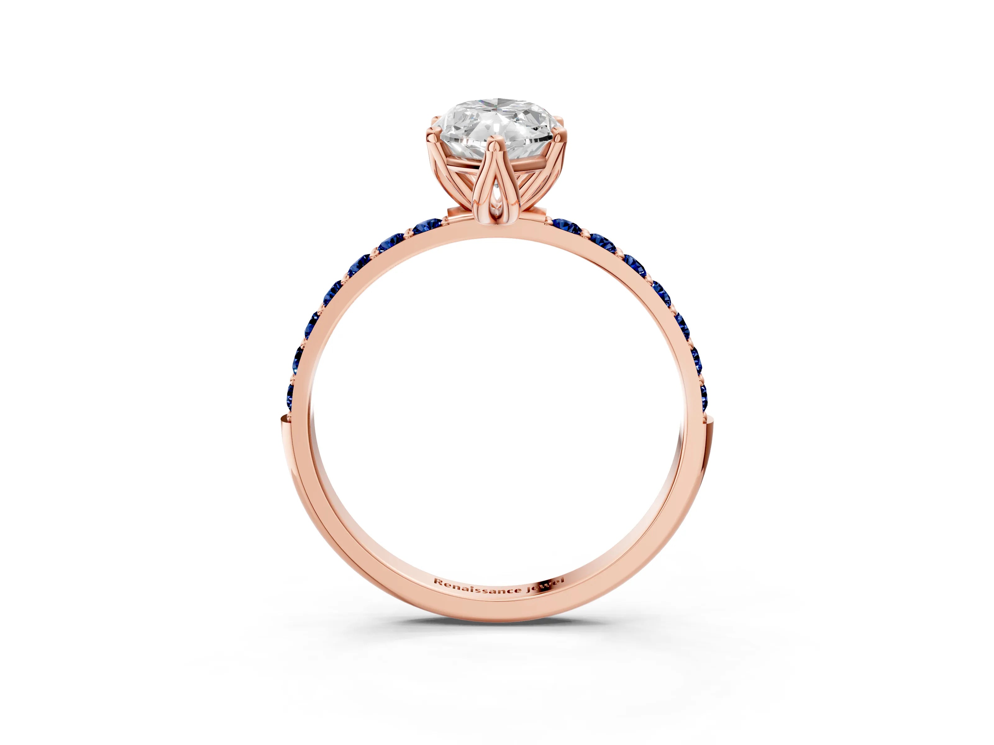 Rose gold Marquise Cut Diamond Solitaire Engagement Ring with Round with Blue Sapphire side stone Pavé Band and Prong Setting_3