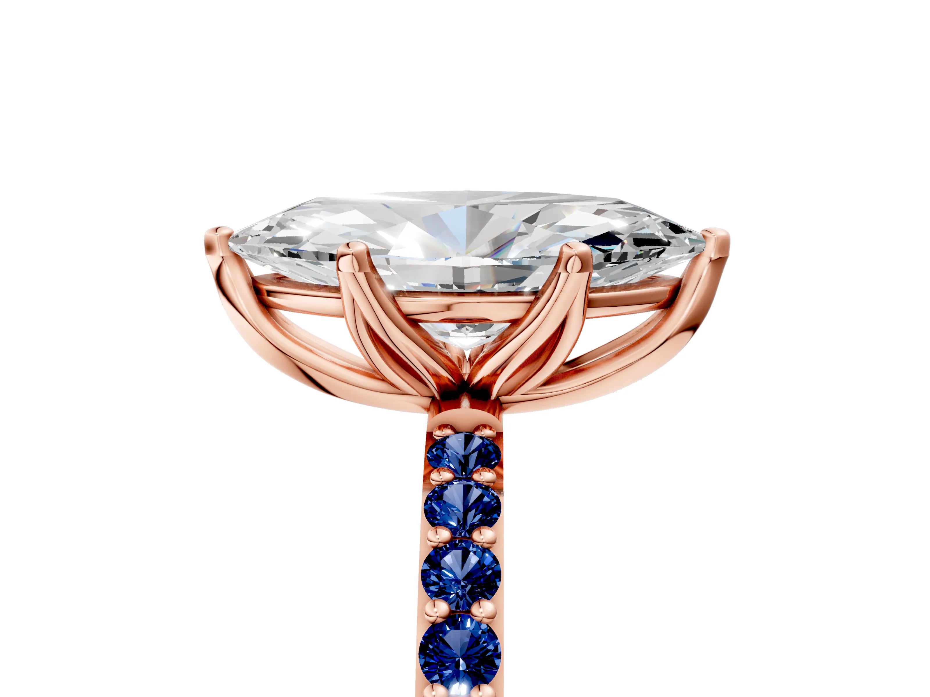 Rose gold Marquise Cut Diamond Solitaire Engagement Ring with Round with Blue Sapphire side stone Pavé Band and Prong Setting_5