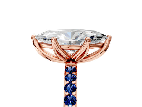 Rose gold Marquise Cut Diamond Solitaire Engagement Ring with Round with Blue Sapphire side stone Pavé Band and Prong Setting_5