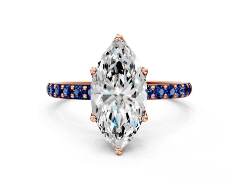 Rose gold Marquise Cut Diamond Solitaire Engagement Ring with Round with Blue Sapphire side stone Pavé Band and Prong Setting