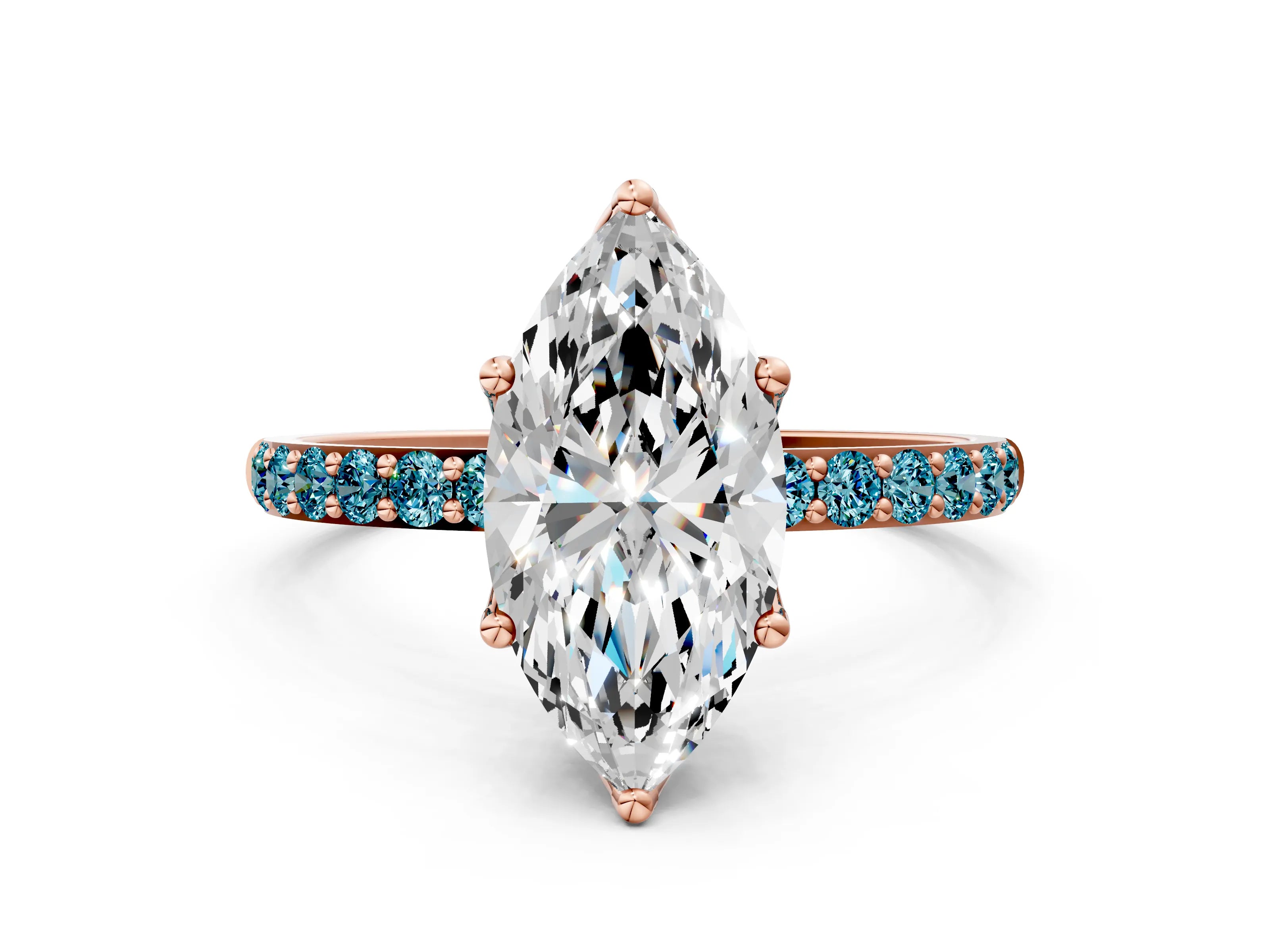 Rose gold Marquise Cut Diamond Solitaire Engagement Ring with Round with Blue Topaz side stone Pavé Band and Prong Setting
