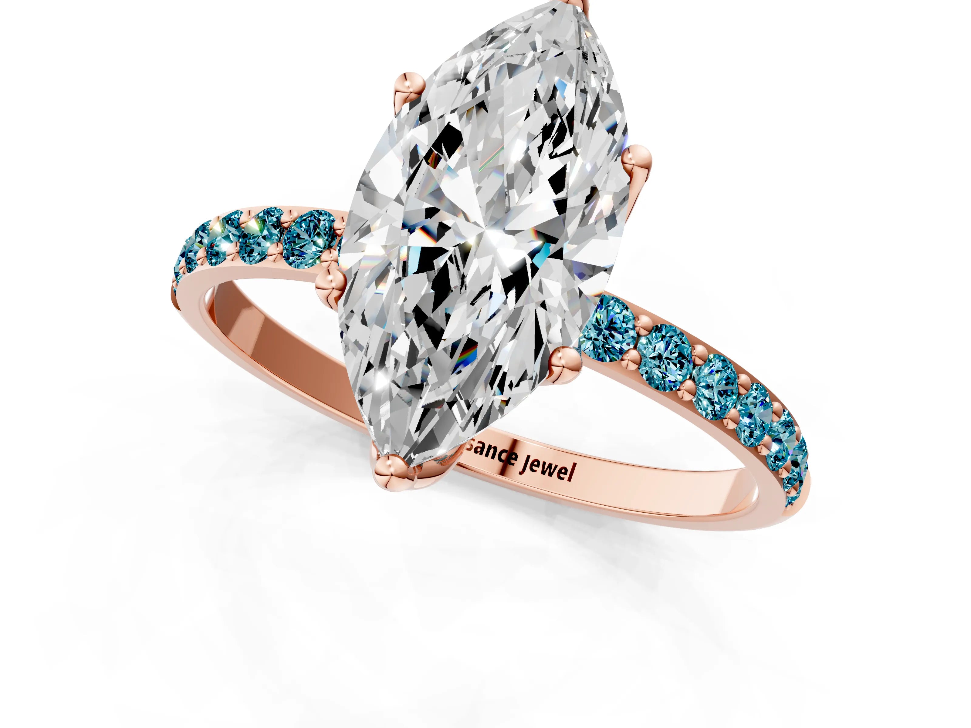 Rose gold Marquise Cut Diamond Solitaire Engagement Ring with Round with Blue Topaz side stone Pavé Band and Prong Setting_1