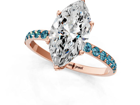 Rose gold Marquise Cut Diamond Solitaire Engagement Ring with Round with Blue Topaz side stone Pavé Band and Prong Setting_1