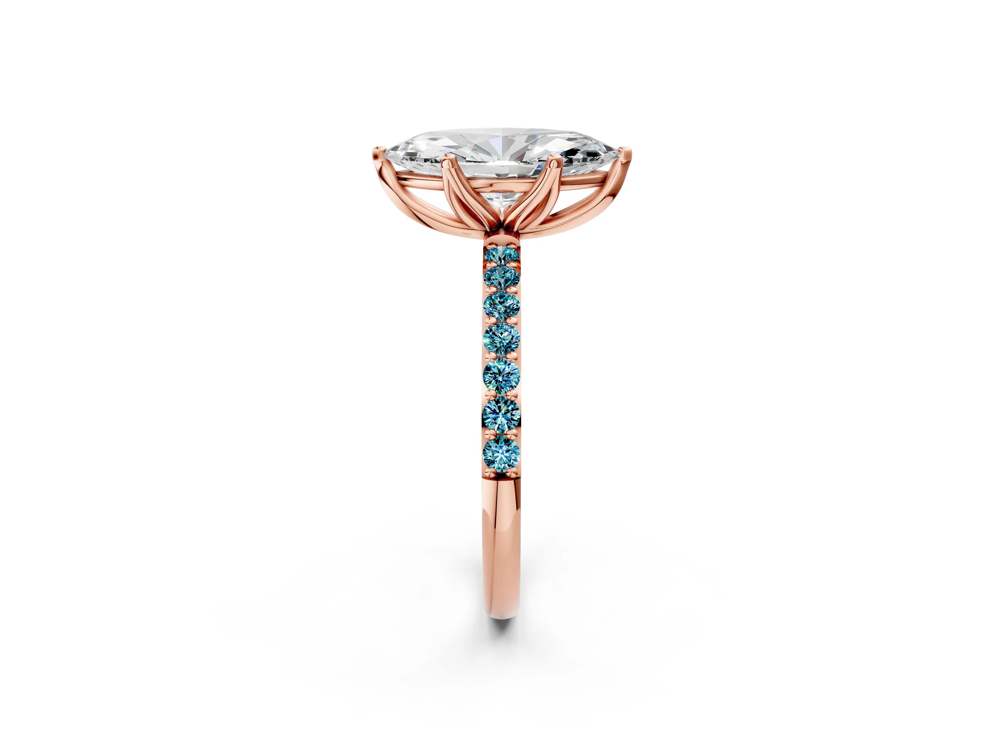 Rose gold Marquise Cut Diamond Solitaire Engagement Ring with Round with Blue Topaz side stone Pavé Band and Prong Setting_2