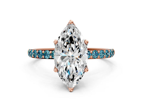 Rose gold Marquise Cut Diamond Solitaire Engagement Ring with Round with Blue Topaz side stone Pavé Band and Prong Setting