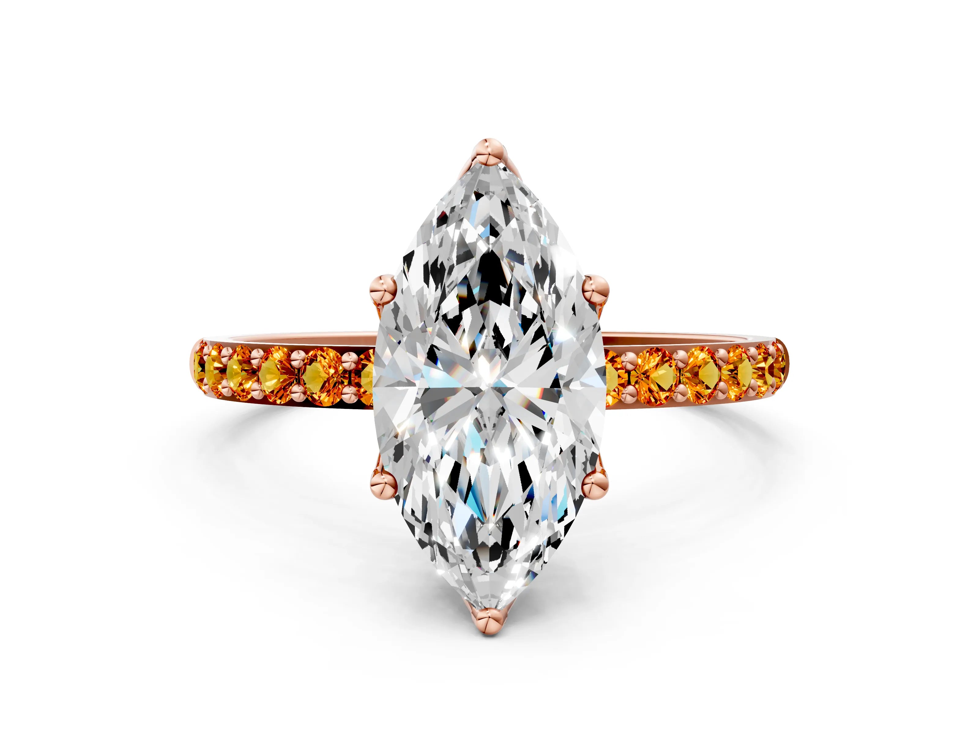 Rose gold Marquise Cut Diamond Solitaire Engagement Ring with Round with Citrine side stone Pavé Band and Prong Setting
