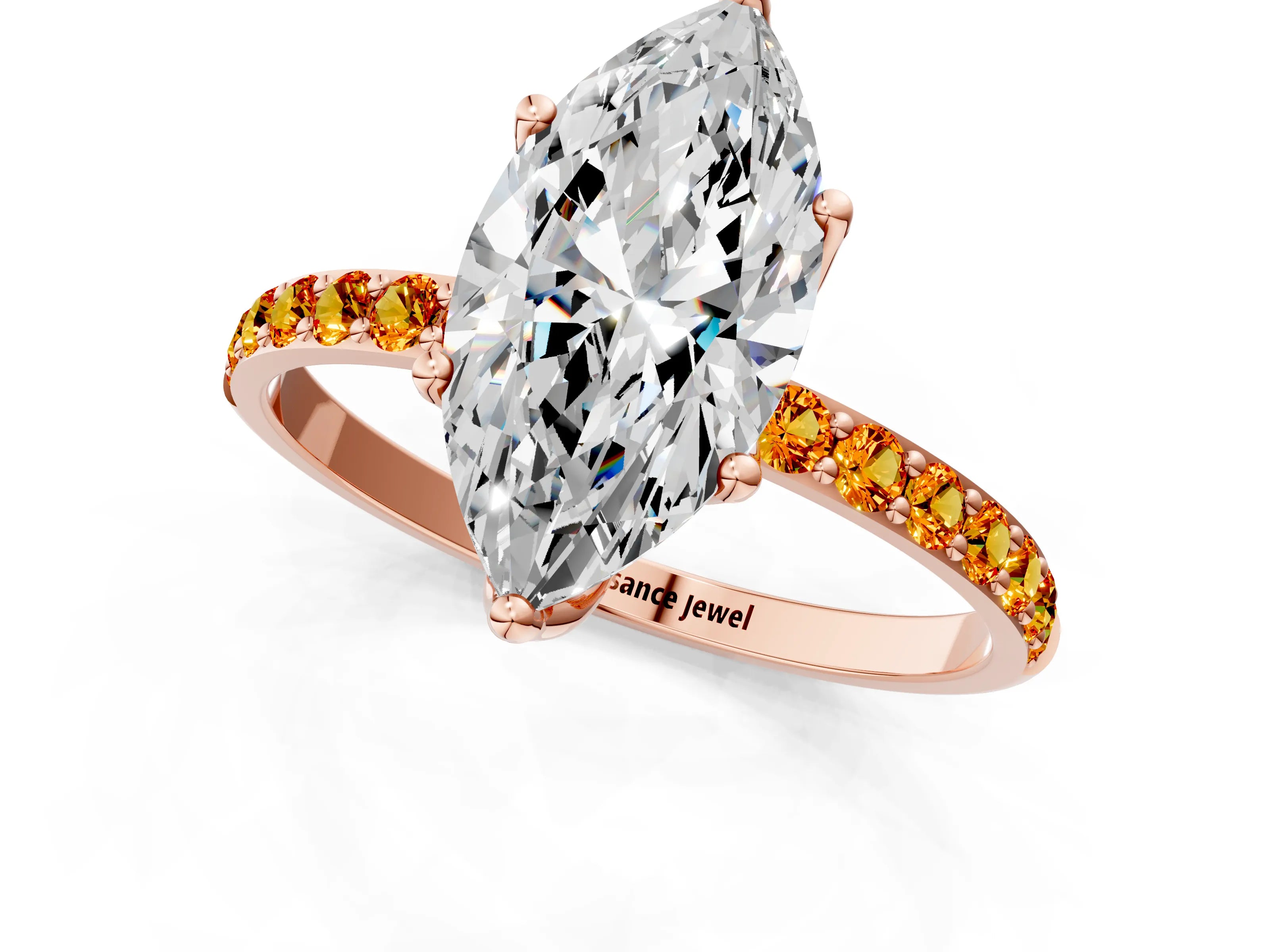 Rose gold Marquise Cut Diamond Solitaire Engagement Ring with Round with Citrine side stone Pavé Band and Prong Setting_1