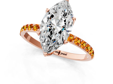 Rose gold Marquise Cut Diamond Solitaire Engagement Ring with Round with Citrine side stone Pavé Band and Prong Setting_1