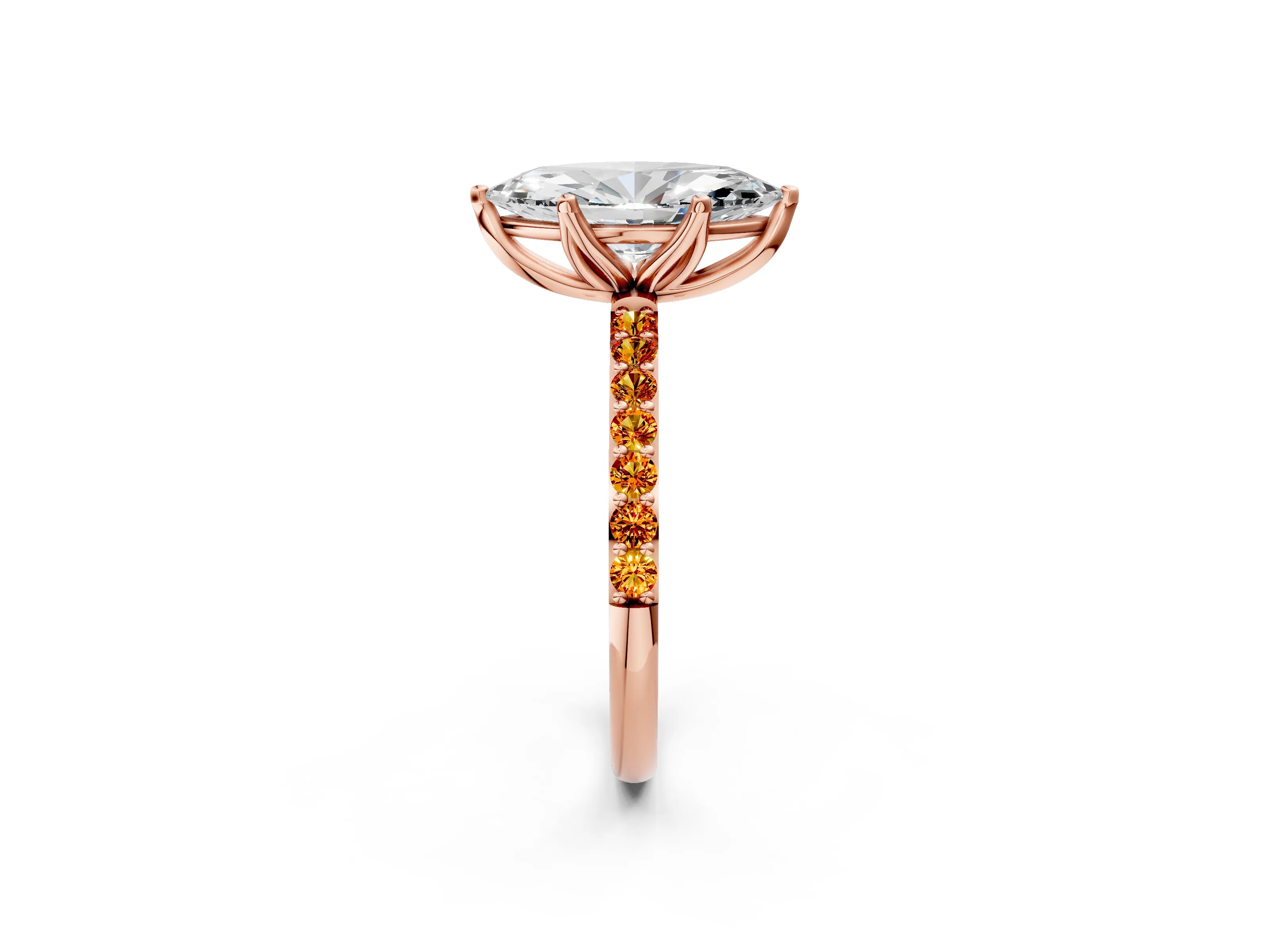 Rose gold Marquise Cut Diamond Solitaire Engagement Ring with Round with Citrine side stone Pavé Band and Prong Setting_2