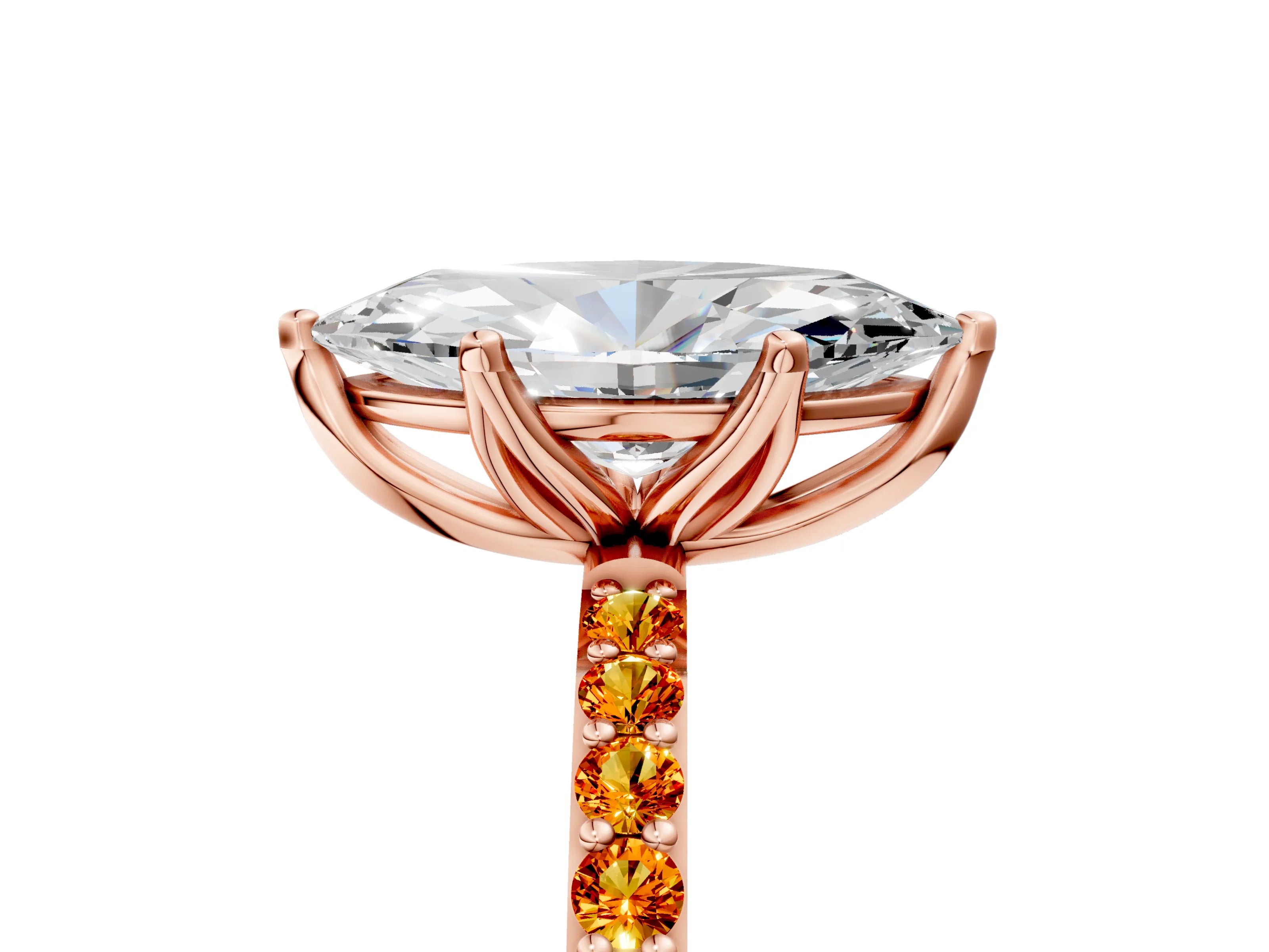 Rose gold Marquise Cut Diamond Solitaire Engagement Ring with Round with Citrine side stone Pavé Band and Prong Setting_5