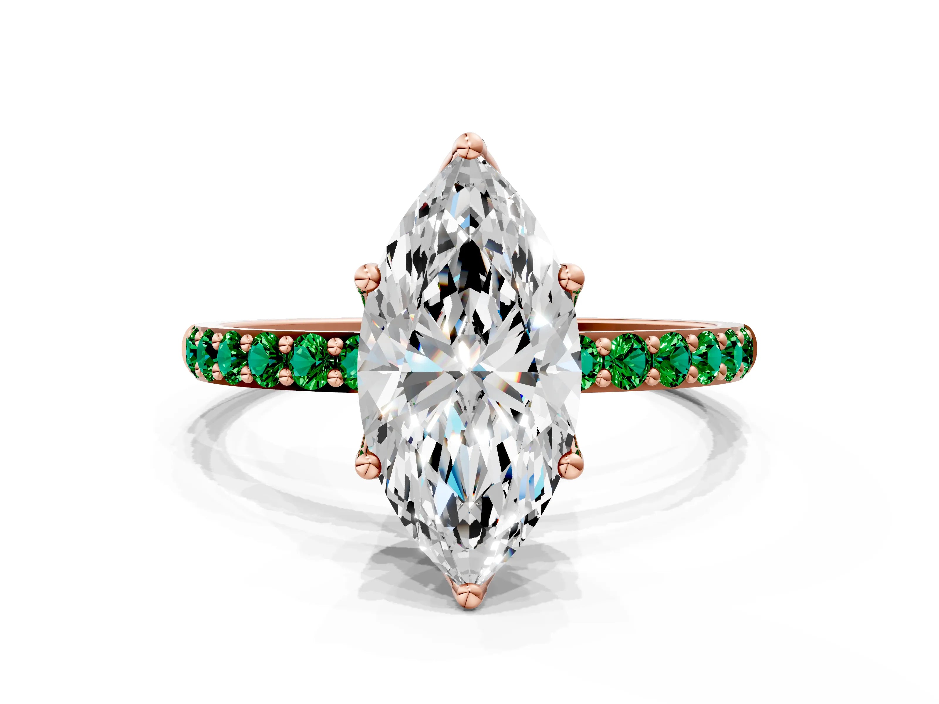 Rose gold Marquise Cut Diamond Solitaire Engagement Ring with Round with Emerald side stone Pavé Band and Prong Setting