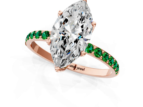 Rose gold Marquise Cut Diamond Solitaire Engagement Ring with Round with Emerald side stone Pavé Band and Prong Setting_1
