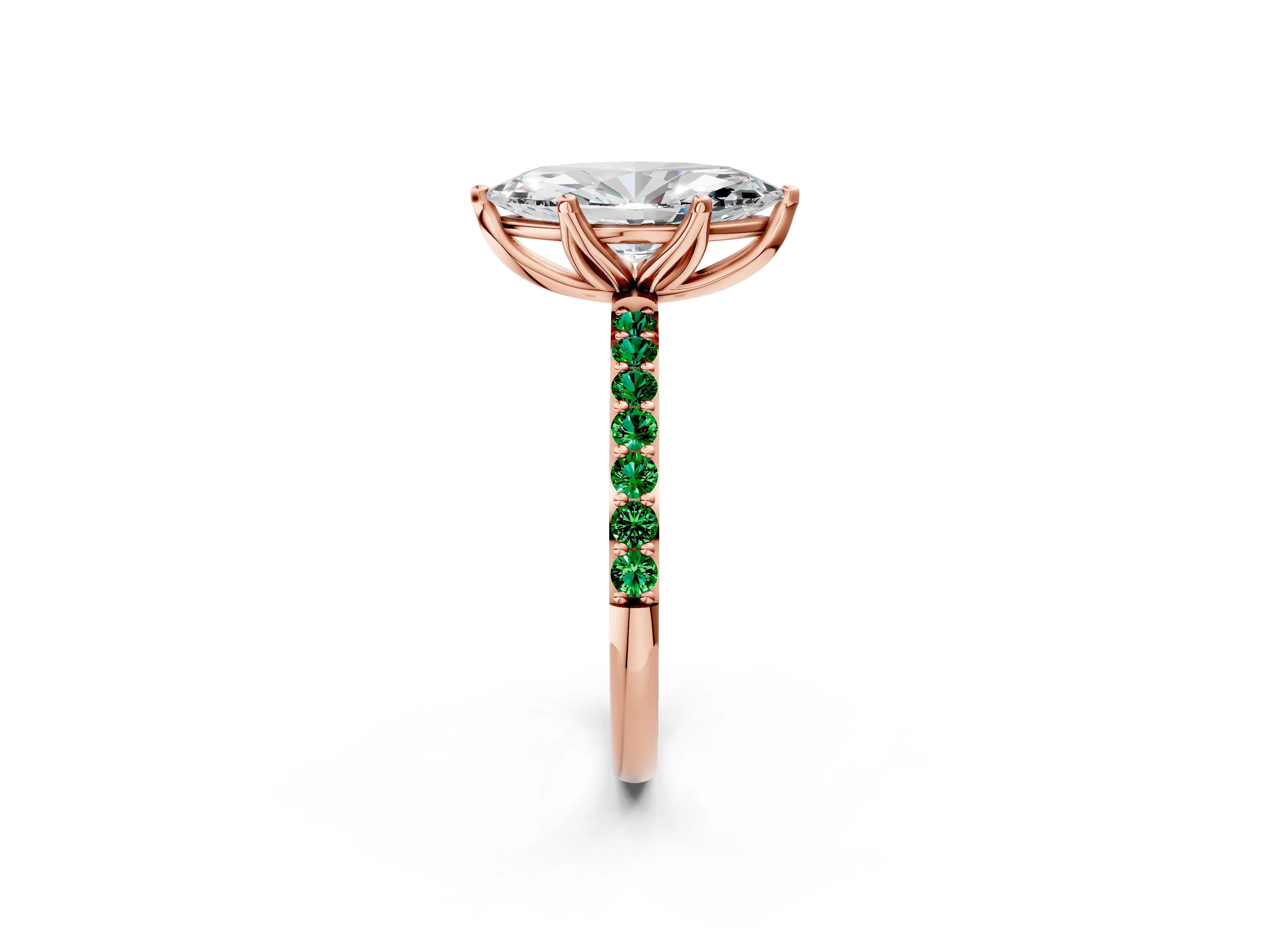 Rose gold Marquise Cut Diamond Solitaire Engagement Ring with Round with Emerald side stone Pavé Band and Prong Setting_2