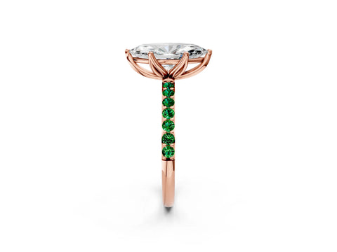 Rose gold Marquise Cut Diamond Solitaire Engagement Ring with Round with Emerald side stone Pavé Band and Prong Setting_2