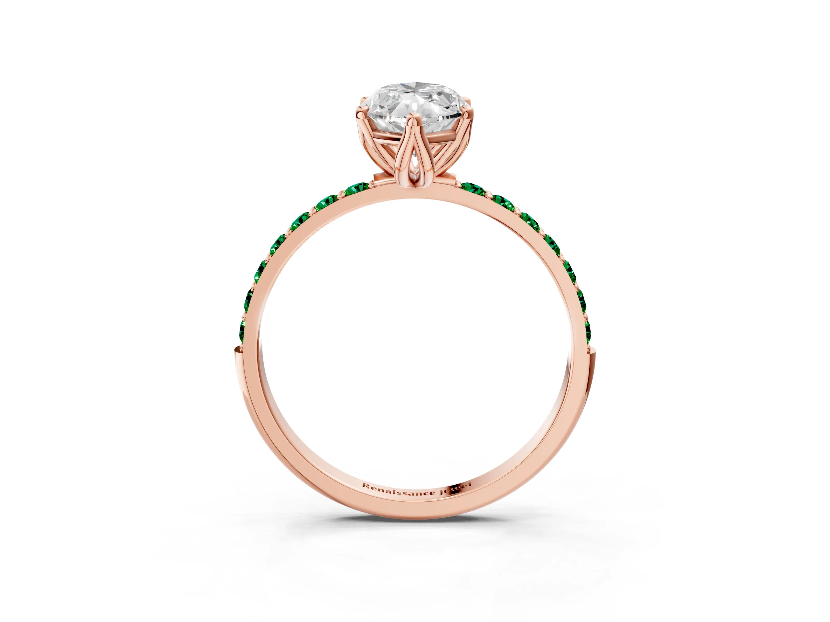 Rose gold Marquise Cut Diamond Solitaire Engagement Ring with Round with Emerald side stone Pavé Band and Prong Setting_3