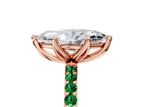 Rose gold Marquise Cut Diamond Solitaire Engagement Ring with Round with Emerald side stone Pavé Band and Prong Setting_5