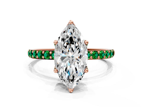 Rose gold Marquise Cut Diamond Solitaire Engagement Ring with Round with Emerald side stone Pavé Band and Prong Setting