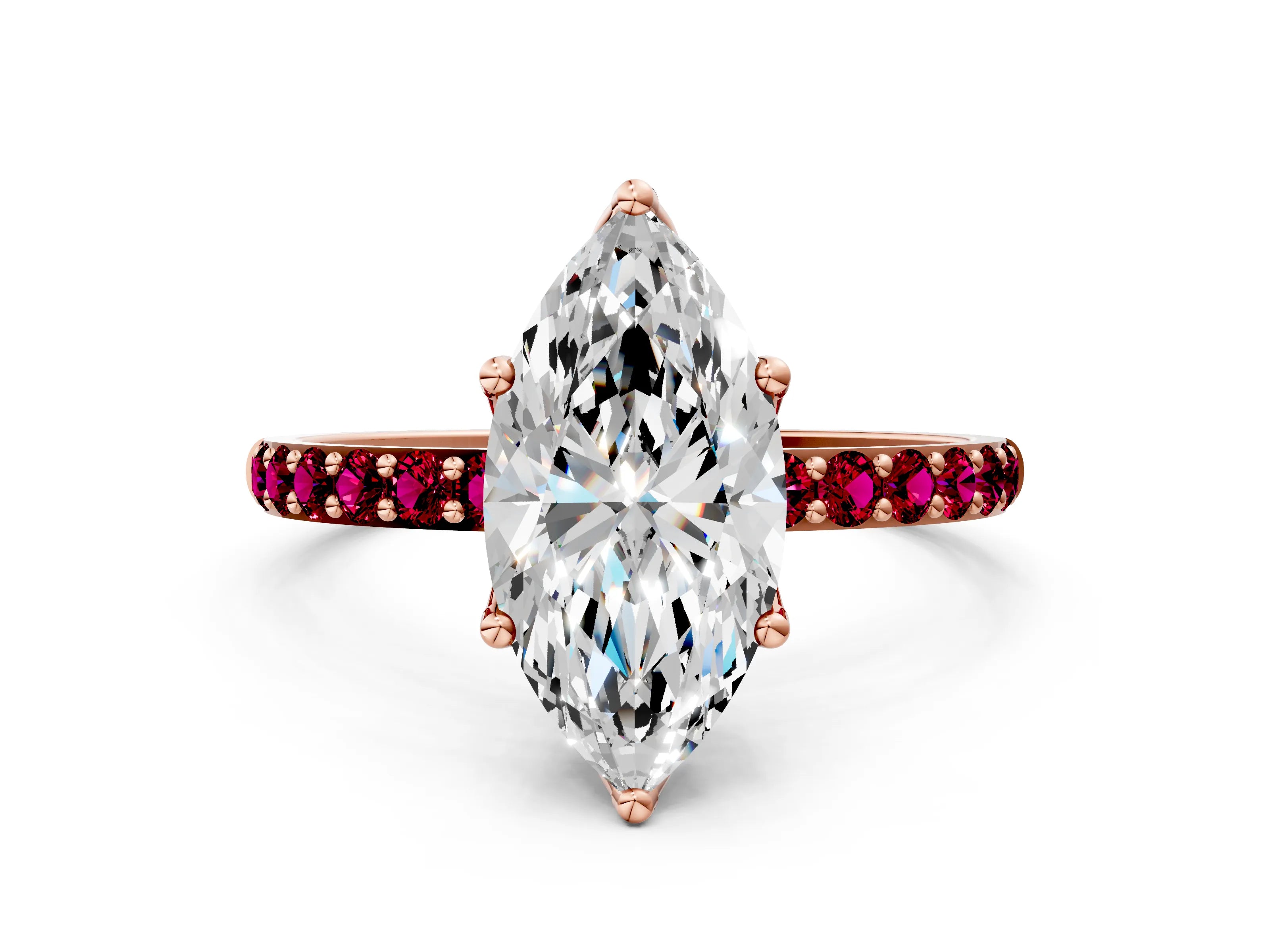 Rose gold Marquise Cut Diamond Solitaire Engagement Ring with Round with Garnet side stone Pavé Band and Prong Setting
