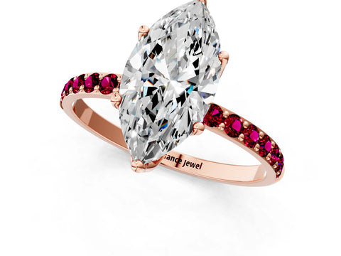 Rose gold Marquise Cut Diamond Solitaire Engagement Ring with Round with Garnet side stone Pavé Band and Prong Setting_1
