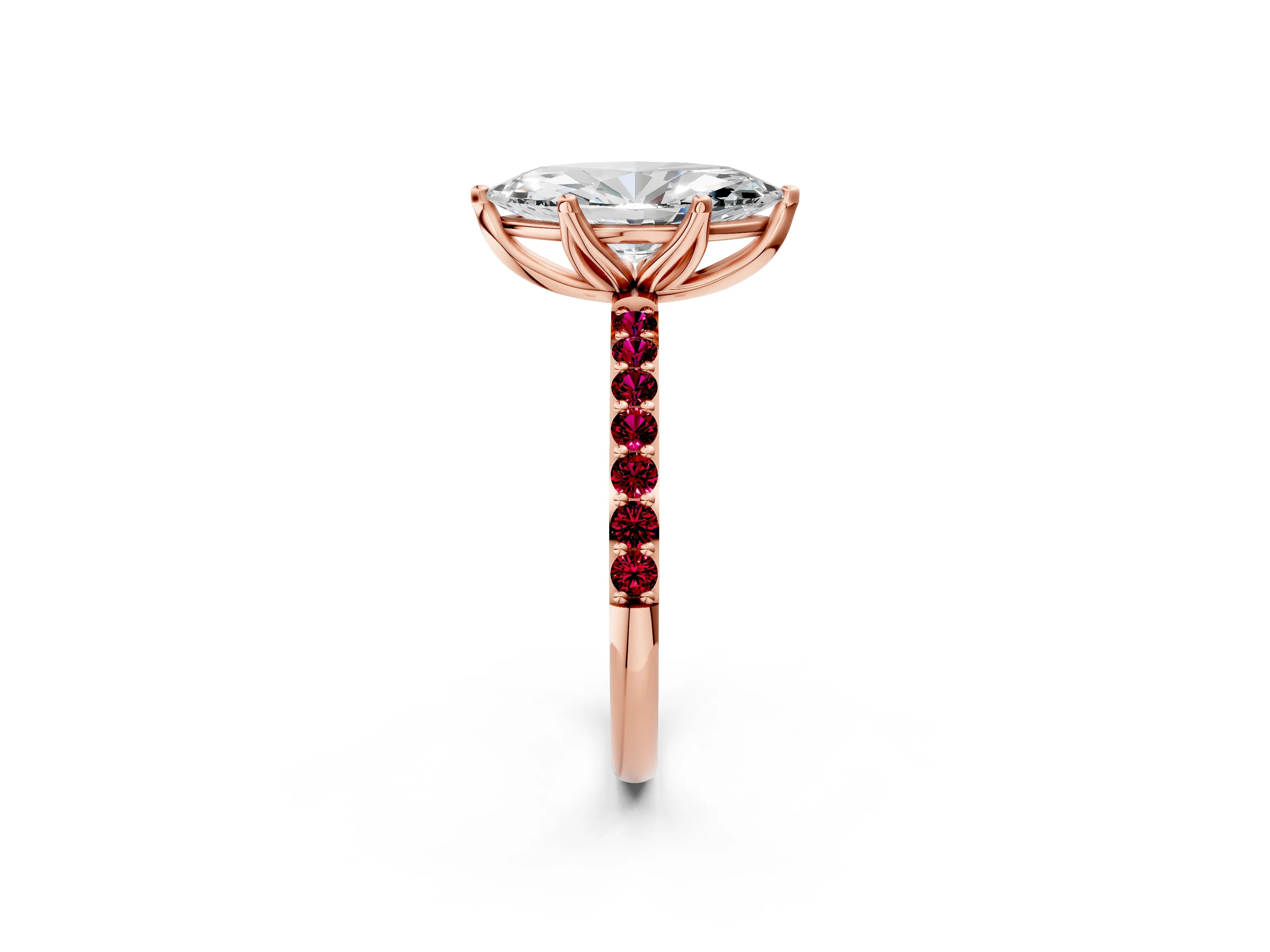 Rose gold Marquise Cut Diamond Solitaire Engagement Ring with Round with Garnet side stone Pavé Band and Prong Setting_2