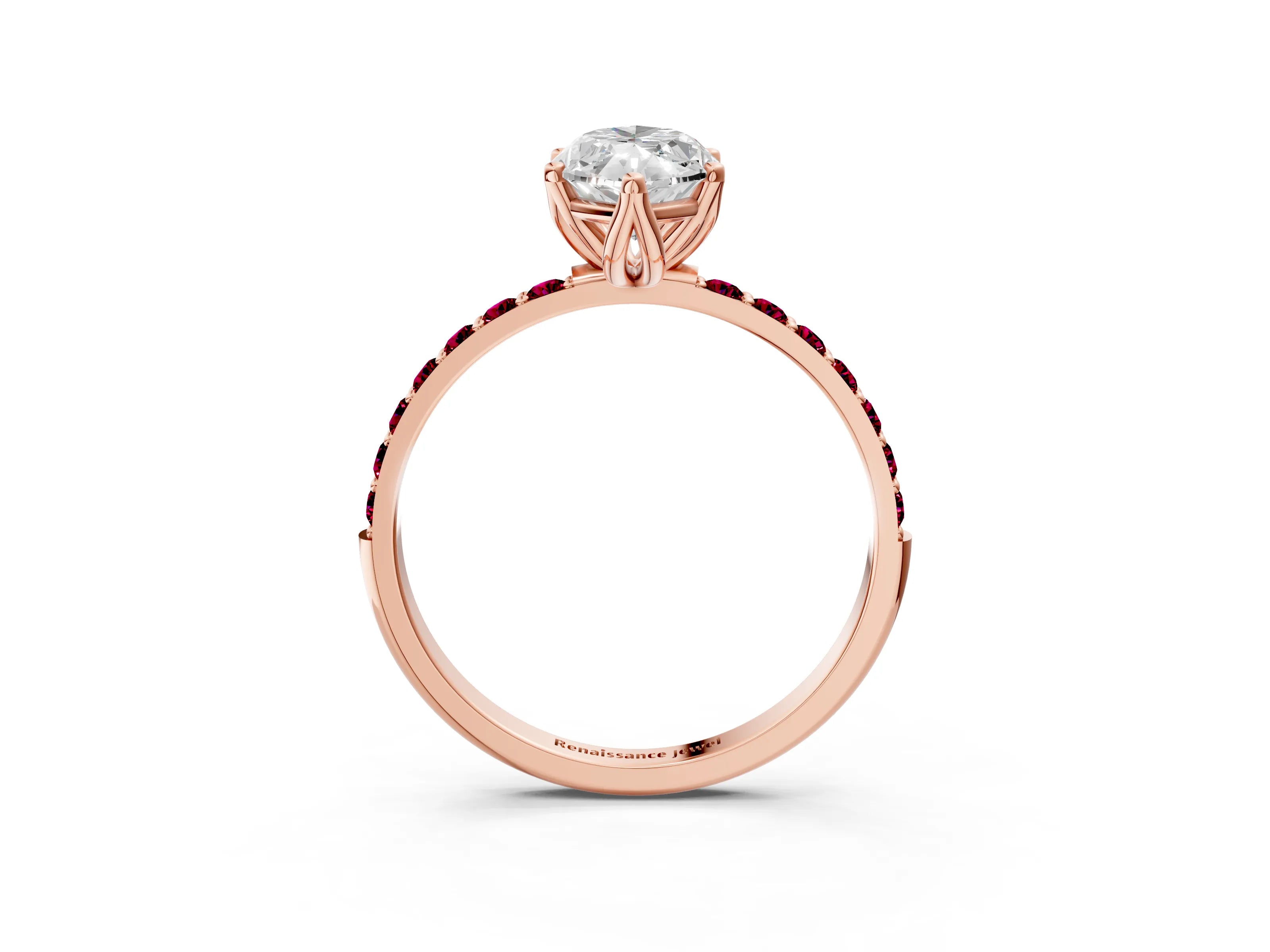 Rose gold Marquise Cut Diamond Solitaire Engagement Ring with Round with Garnet side stone Pavé Band and Prong Setting_3